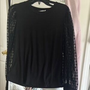 Lush Black Blouse with Lace Sleeves